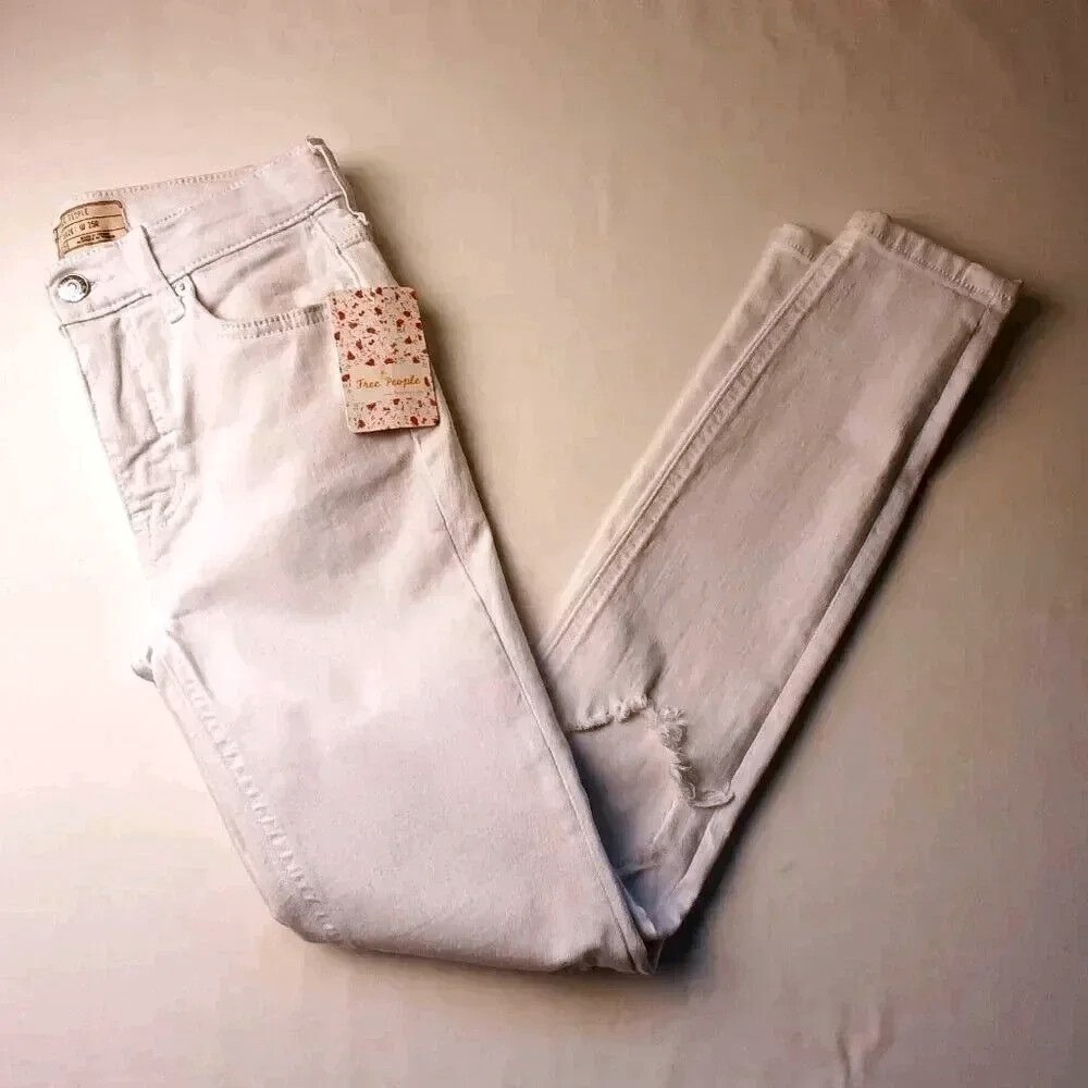 Free People Womens Distressed High Rise Skinny Jeans Size 25/2 White Boho NEW